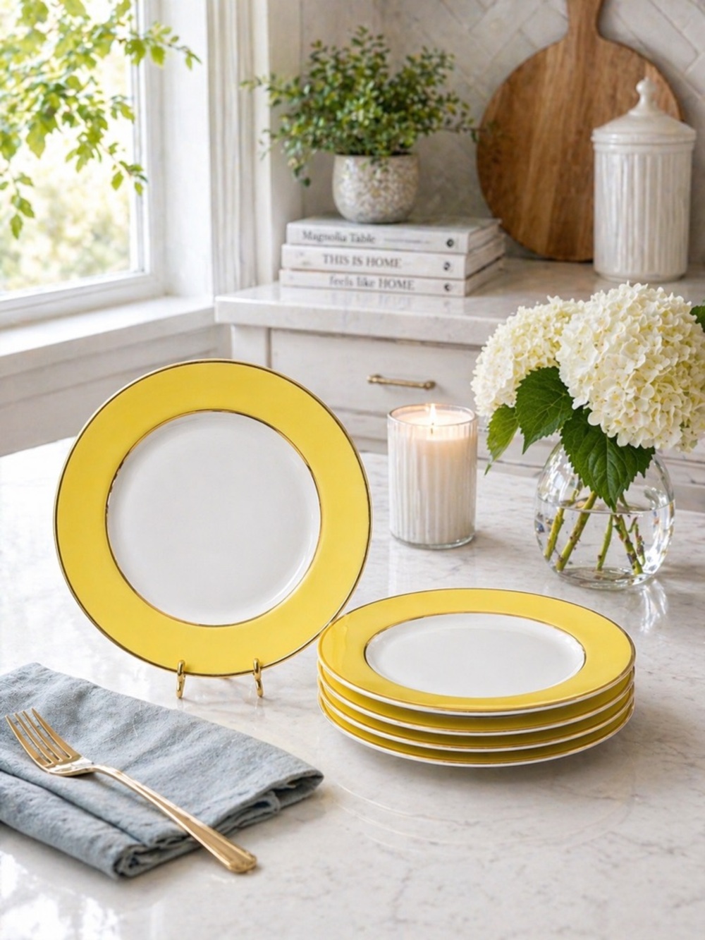 Luxe 6” Porcelain Plates – Set of 4 – White, Yellow Rim w/ Gold Trim – New
